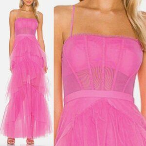 NWT BCBG MAXAZRIA Oly Tiered Ruffle Tulle Evening Gown Dress Pink
